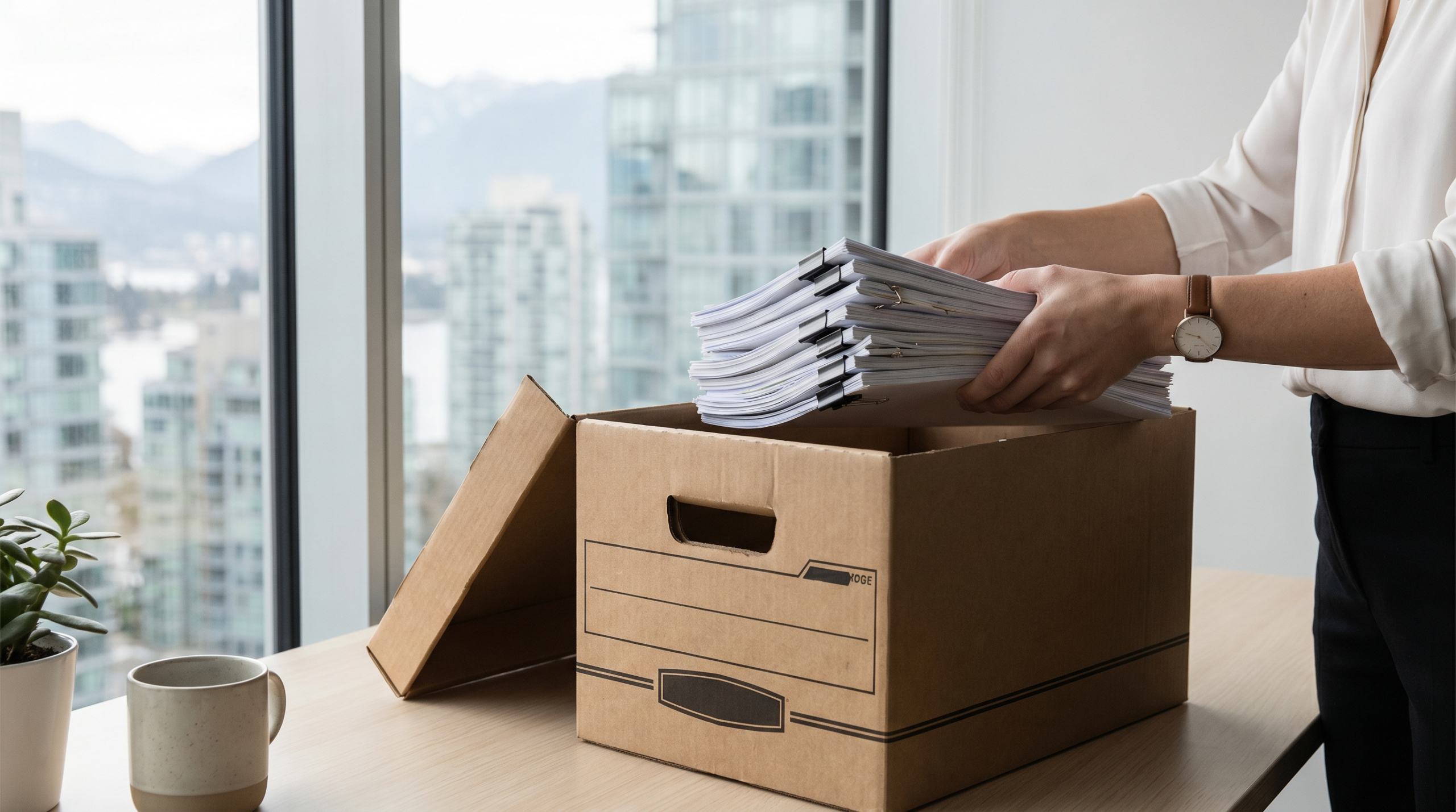 Hands lowering a stack of stapled and paper-clipped office documents into a banker's box on a Vancouver office desk