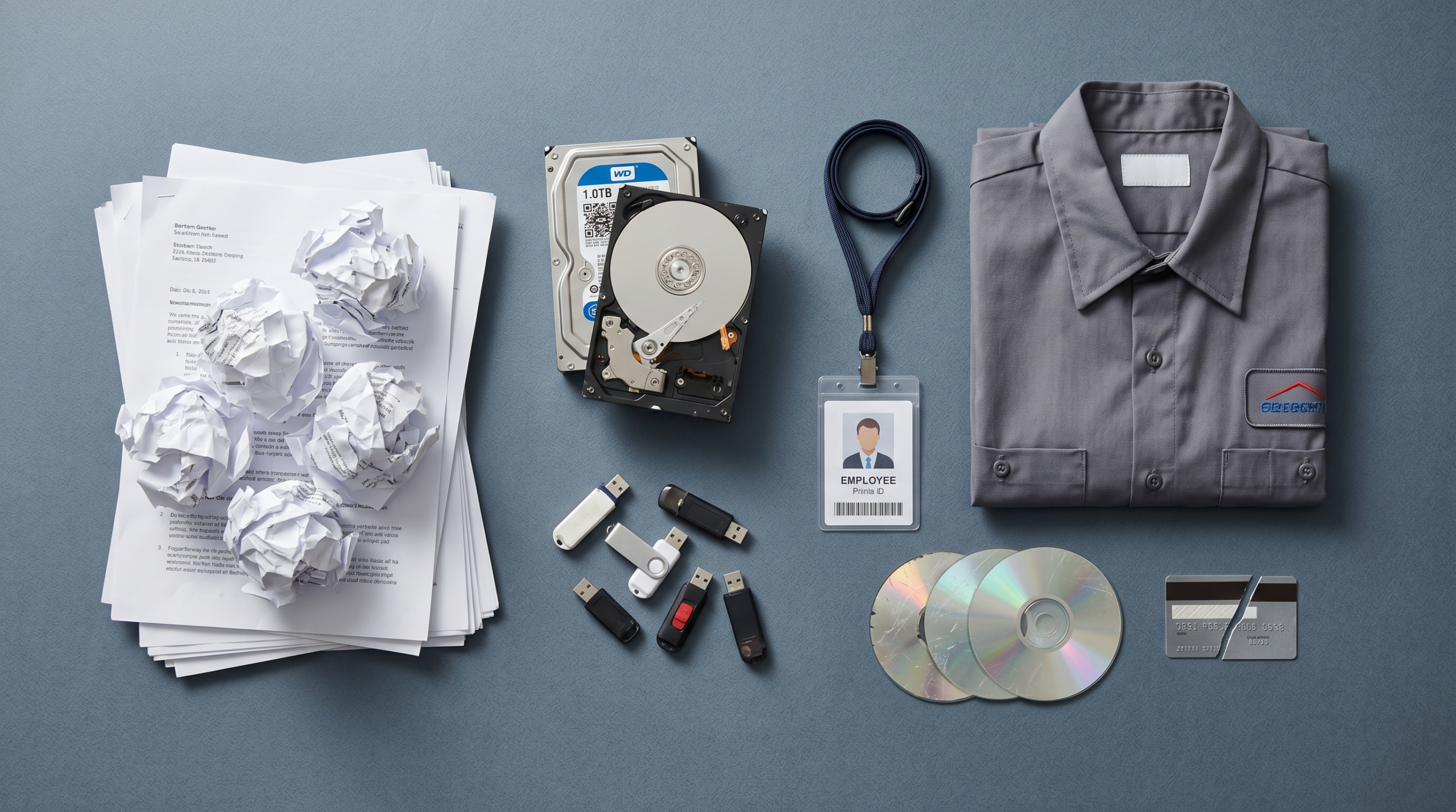 Flatlay of items a mobile shredding truck destroys: papers, hard drives, USB drives, ID badge, uniform, CDs, and a credit card