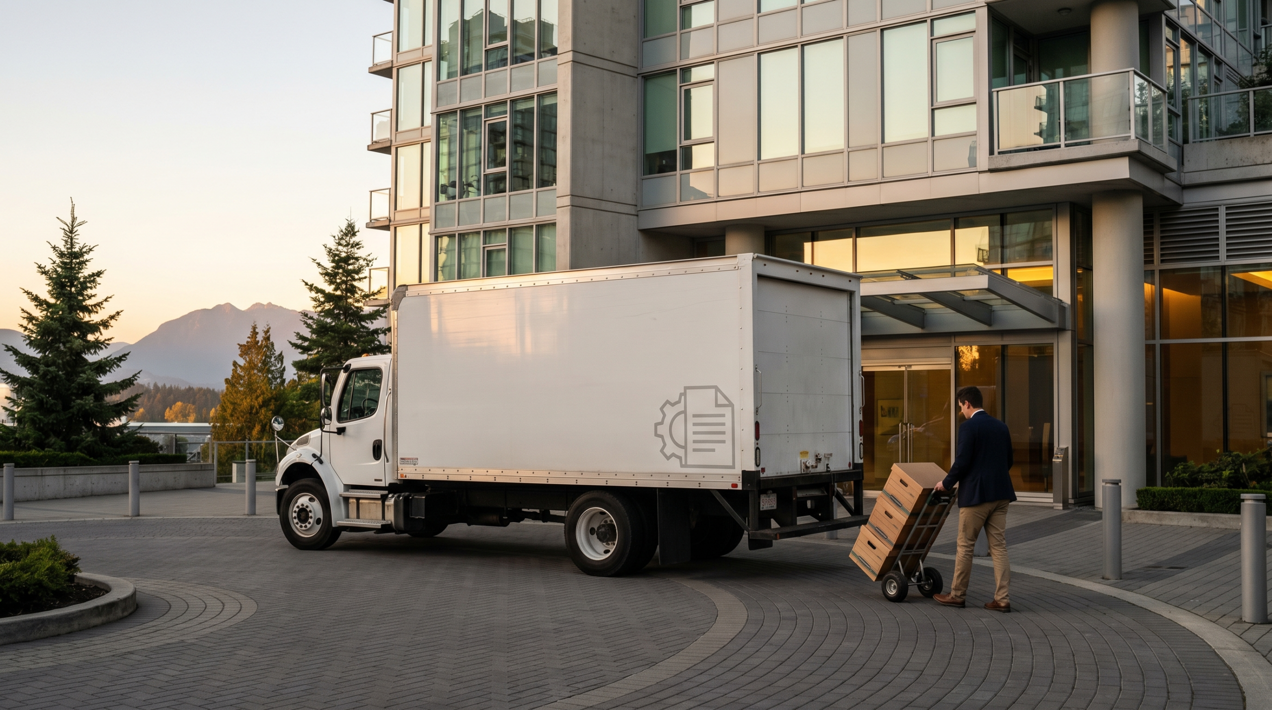 White mobile document shredding truck parked at the front entrance of a modern Vancouver condo high-rise at golden hour, property manager wheeling banker's boxes